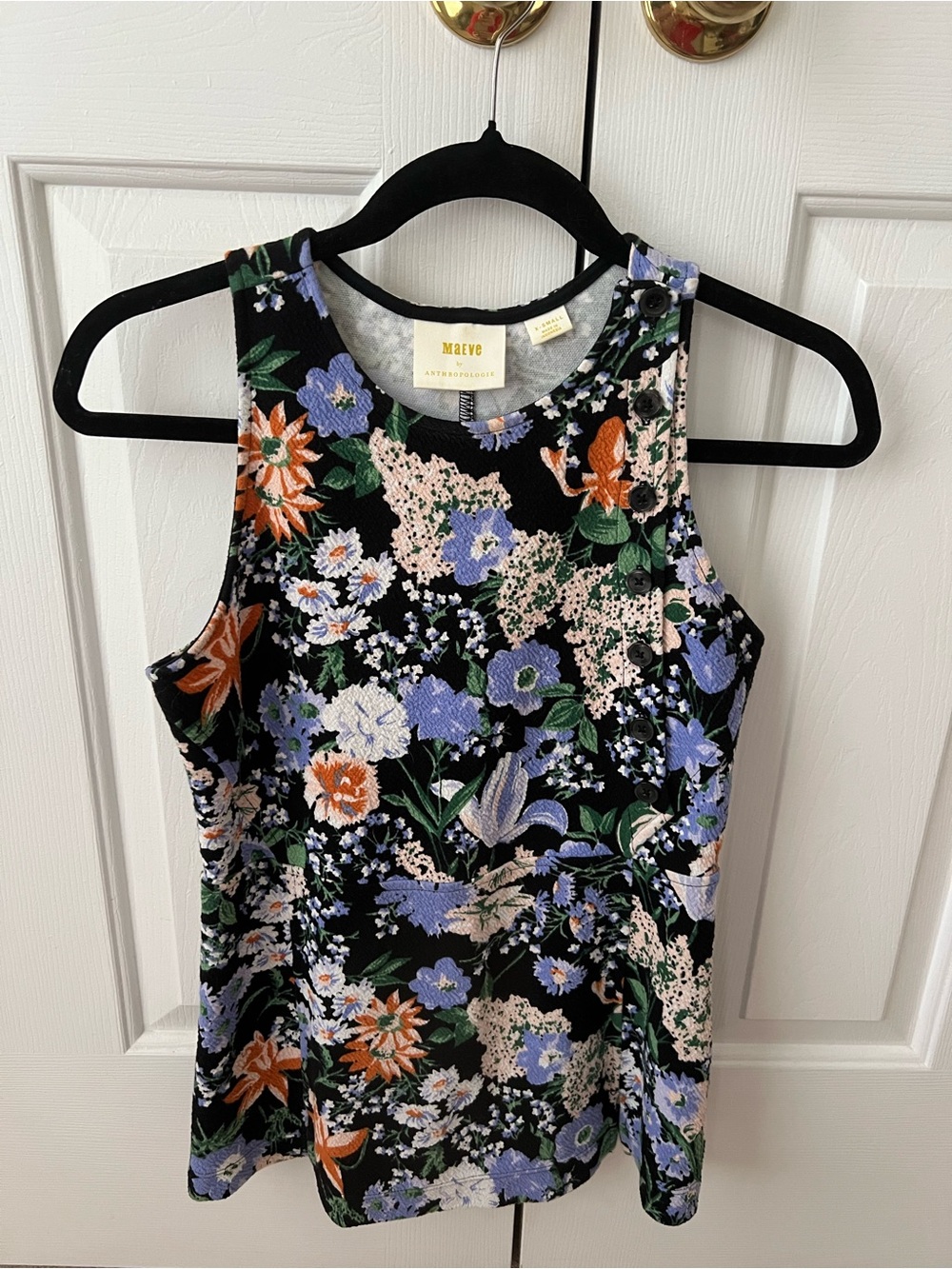 Anthropologie Floral Sleeveless Tank - Black with Lavender & Orange Bloom